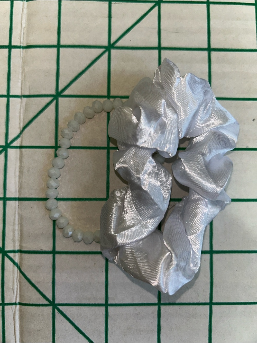 Satin Scrunchie and Beaded Hair Tie Set - Silver